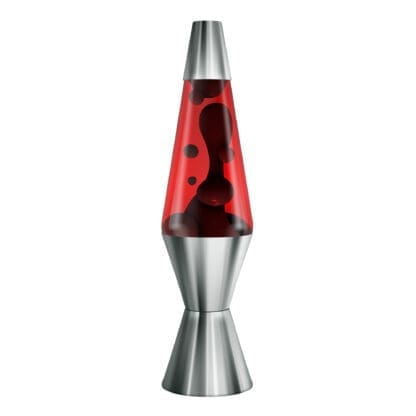 A metallic Lava Lamp with a red interior, filled with black globs suspended in motion. The lamp has a silver base and cap, with its distinctive design evident. The red liquid contrasts sharply with the dark moving globs inside.