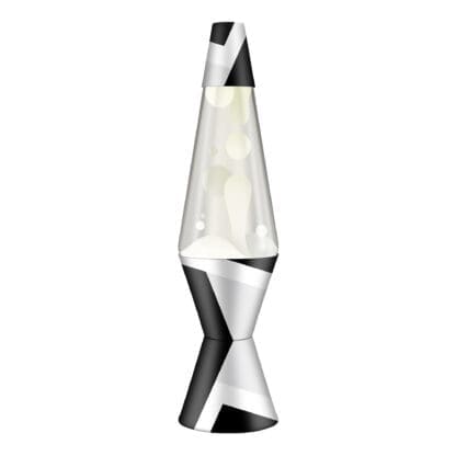 A Lava Lamp with a black and white geometric pattern on the base and top. Inside, white globs float and shift within the clear liquid, creating a calming and dynamic visual effect. The lamp is set against a plain white background.