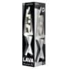 A box displaying a classic 14.5-inch Lava Lamp, featuring a black and white geometric pattern on the base and cap with white wax. Text on the box says "The Original Lava Brand - Illuminate Your Mood".