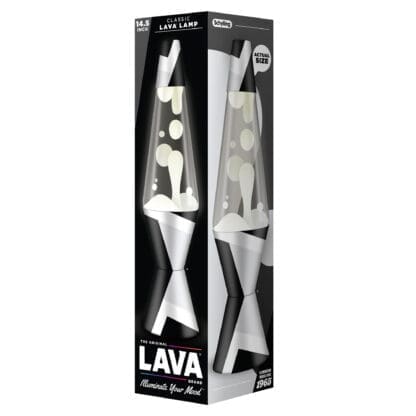 A box displaying a classic 14.5-inch Lava Lamp, featuring a black and white geometric pattern on the base and cap with white wax. Text on the box says "The Original Lava Brand - Illuminate Your Mood".