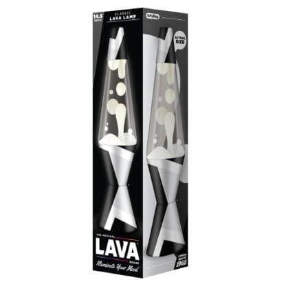 A box displaying a classic 14.5-inch Lava Lamp, featuring a black and white geometric pattern on the base and cap with white wax. Text on the box says "The Original Lava Brand - Illuminate Your Mood".