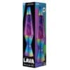 A boxed lava lamp labeled "The Original Lava Brand" and "Illuminate Your Mood". The lamp inside is 14.5 inches tall with purple liquid and blobs. The box shows images of the lamp, featuring a colorful rainbow base and top.