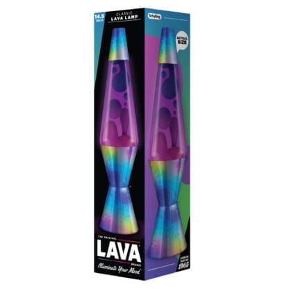 A boxed lava lamp labeled "The Original Lava Brand" and "Illuminate Your Mood". The lamp inside is 14.5 inches tall with purple liquid and blobs. The box shows images of the lamp, featuring a colorful rainbow base and top.