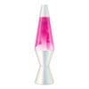 A Lava Lamp with a painted opalescent pearl base and cap, featuring pink liquid inside. The white globs are floating and forming various shapes within the transparent glass container.