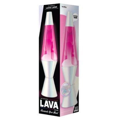 A box displaying a classic 14.5-inch Lava Lamp, featuring a opalescent pearl base and cap with pink liquid and white wax. Text on the box highlights its glossy iridescent pearl surface and actual size.